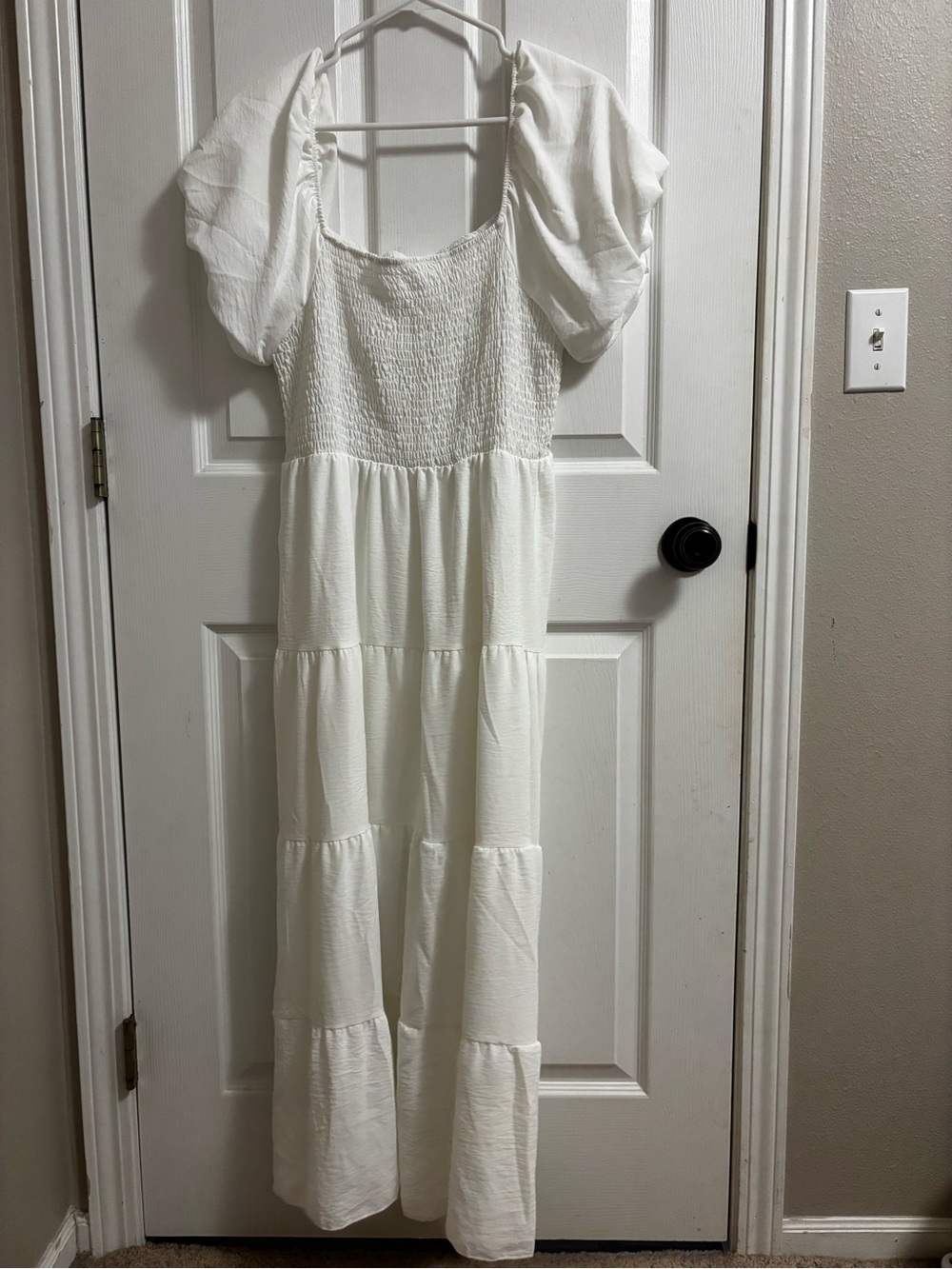Puff-Sleeve White Maxi Dress with Smocked Bodice